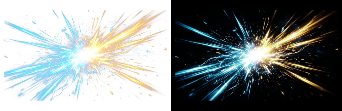 Dynamic light explosion with blue and gold energy rays, abstract cosmic burst of glowing particles, cinematic power clash for gaming and sci-fi isolated PNG with Transparent Background