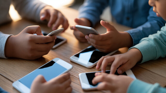 Children using mobile phones together, screen time and technology overuse concept, modern generation portable device use, with copy space