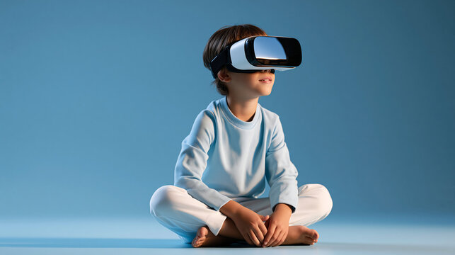 A young child sitting cross-legged wearing VR goggles, fully immersed in a digital world, evolution of play and learning concept, with copy space
