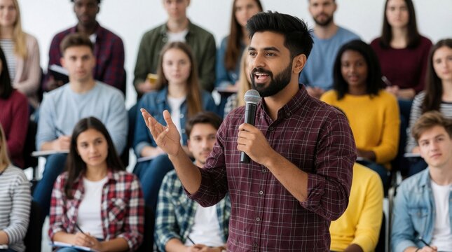 Young man with beard speaks into microphone gesturing to diverse students at campus seminar. Audience listens intently during educational presentation event. Diverse youth engage with speaker.