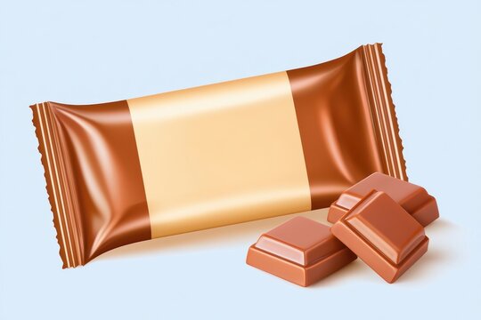 Chocolate bar with wrapper and broken pieces on light blue background