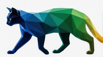 Abstract prismatic cat silhouette with colorful geometric patterns. Low poly feline animal features rainbow color gradient from blue to green, yellow. Creative digital art design of stylized pet