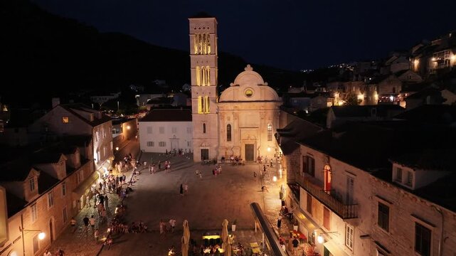 Historic Church On Hvar Main Square At Night, Croatia