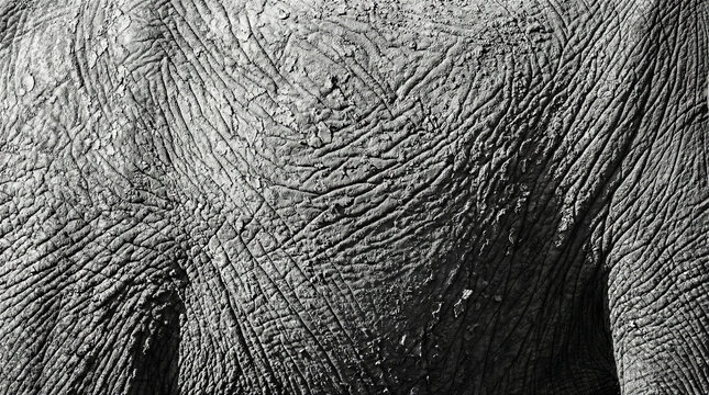 Close-up of elephant skin texture in monochrome. Wildlife, animal conservation, natural patterns, safari.