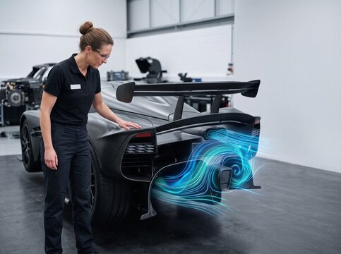Automotive engineer inspecting carbon fiber hypercar aerodynamics with holographic airflow visualization