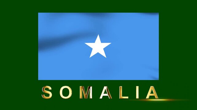 A digital illustration featuring the national flag of Somalia with golden metallic lettering set against a deep green background