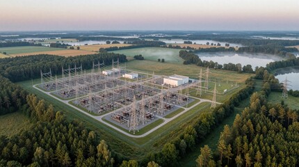 Fototapeta premium Aerial view of high voltage power substation in rural landscape. Electrical grid station sits near green forests, farmland, misty lakes. Industrial energy infrastructure provides electricity supply