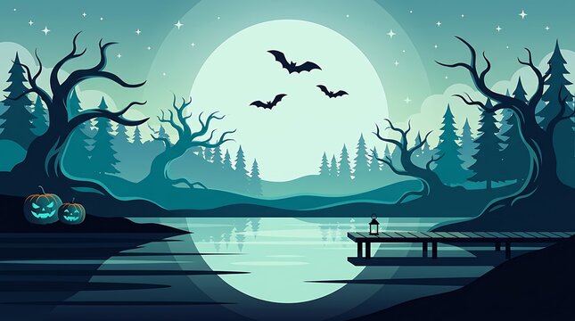Spooky halloween landscape with bats and full moon over a lake