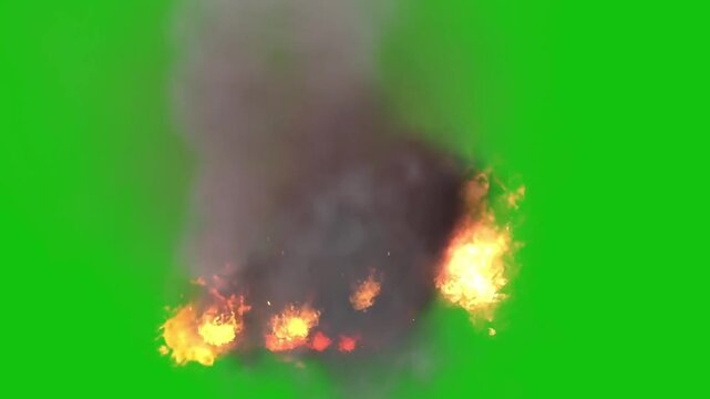 Realistic explosion fire and smoke effect animation on green screen chroma key background for video editing, action VFX overlay, cinematic blast dynamics, and energetic destruction visual design
