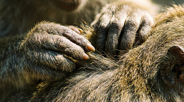 Close-up of monkey hands gently grooming fur on another monkey. Wildlife, animal care, conservation, natural behavior.