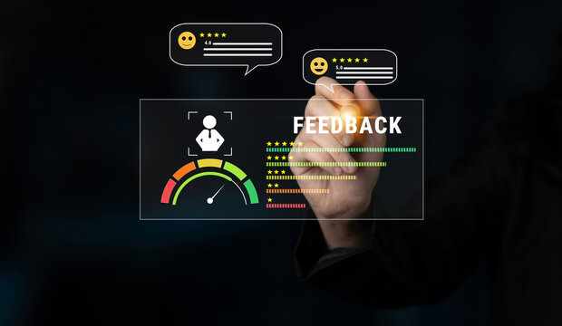 A system for collecting customer feedback and measuring service quality. A dashboard with user reviews, ratings, and a satisfaction meter. Motif