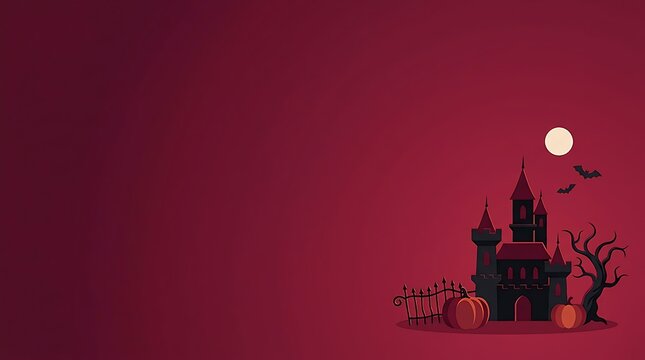 Spooky haunted castle with pumpkins on a dark red night background