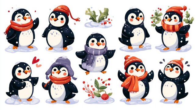 Cute winter penguin sticker set featuring playful poses, cozy seasonal accessories, and festive elements, perfect for planners, scrapbooking, greeting cards, winter campaigns, social media posts.