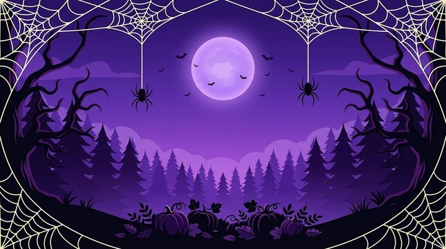 Spooky pixel art halloween landscape with full moon and cobwebs