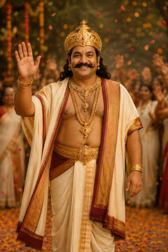 King mahabali waving to people during happy onam a famous south indian festival in kerala celebrating with beautiful falling flower petals everywhere