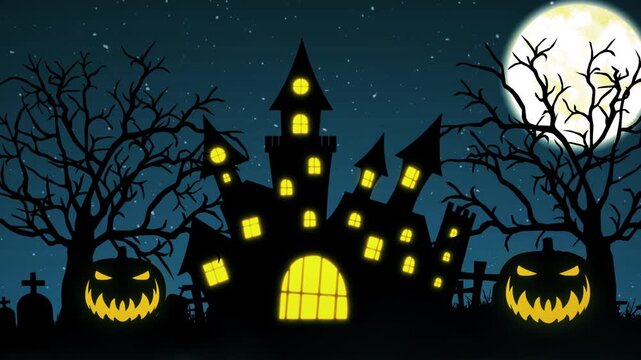 Spooky Halloween Castle With Glowing Pumpkins Under Full Moon