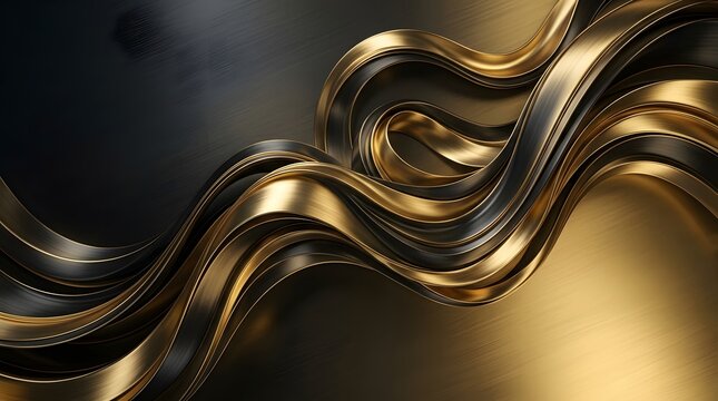 Black and gold metallic gradient with elegant flowing ribbons, premium luxury abstract background, high detail, no text, no logo, no watermark