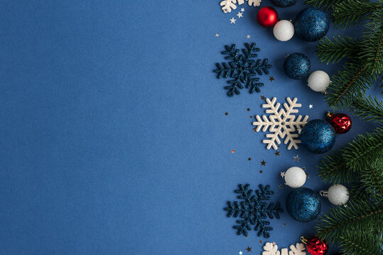 Christmas and New Year Holiday Festive Decorative Elements Collection on Blue Background