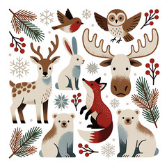Naklejka premium Cute winter set of Scandinavian animals: deer, moose, fox, bears, owl, bird and hare with pine branches