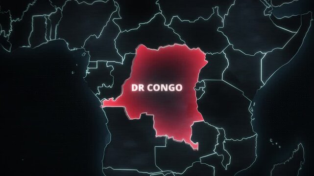 Map animation of the Democratic Republic of the Congo, Africa with a red alert country highlight, designed as a widescreen presentation graphic.
