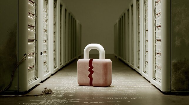 Broken padlock symbol sitting on the floor of a server room between rows of data racks for cybersecurity and ransomware concepts