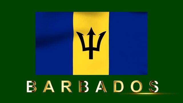 National flag of Barbados featuring the golden trident symbol on a blue and yellow wavy fabric background