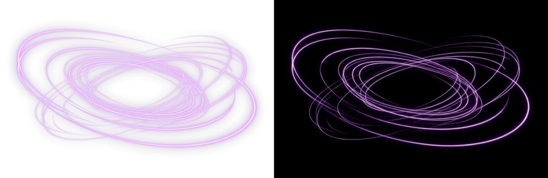 Glowing purple light trails in circular motion, ethereal violet neon swirl effect, abstract luminous energy rings for futuristic digital design isolated PNG with Transparent Background
