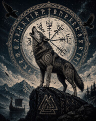 Naklejka premium Norse Mythology Wolf with Viking Runes, Full Moon and Ravens
