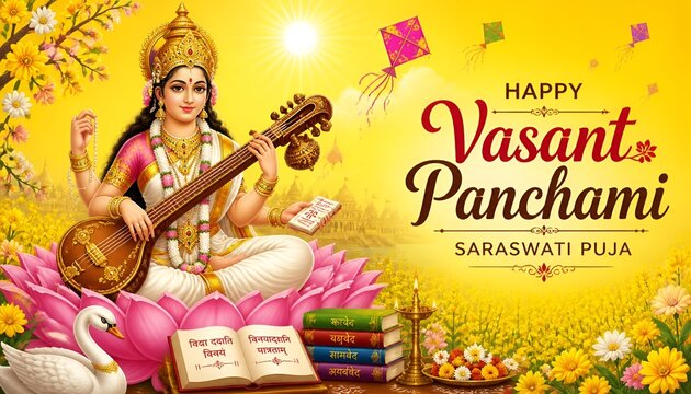 Celebrate Vasant Panchami with Goddess Saraswati playing veena amidst a field of yellow flowers and kites