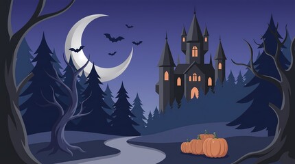 Fototapeta premium Spooky halloween night illustration with a haunted castle forest pumpkins and a crescent moon