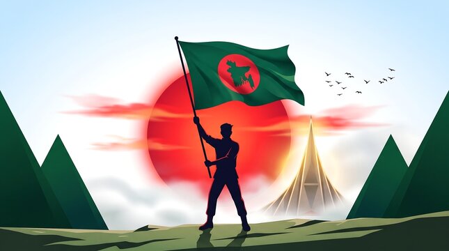 Silhouette person waving bangladesh flag in front of red sun and national monument vector background graphic
