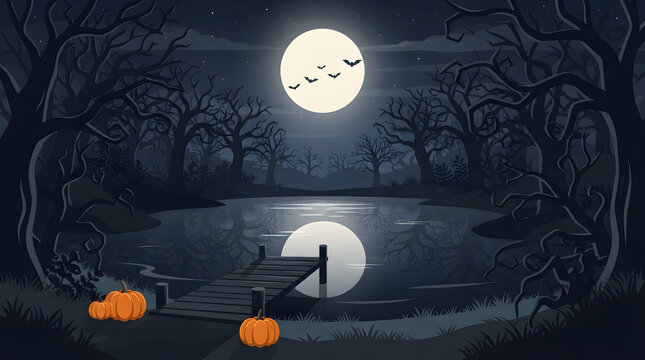 Haunted lake dock at night with full moon and spooky trees, pumpkins