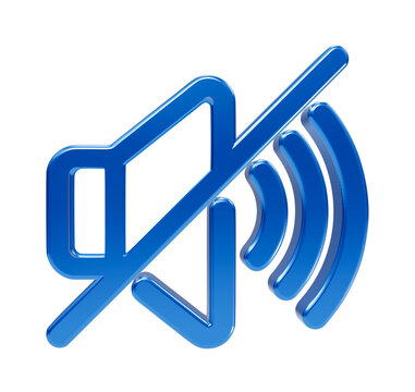 Glossy blue mute with sound waves and diagonal slash line on a plain black background