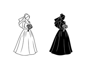 Fototapeta premium Bride Silhouette Vector, Wedding Dress Icon, Bridal Bouquet, Elegant Female Figure, Marriage Symbol