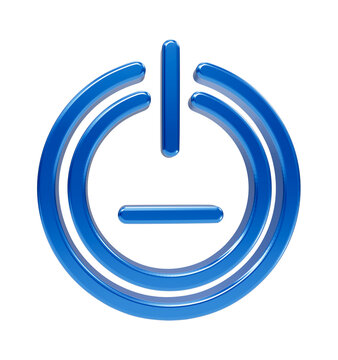 Shiny blue 3d power button with a horizontal line symbol isolated on a black background