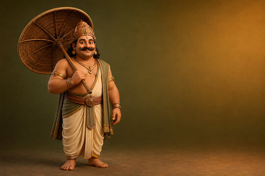 Smiling mythological king mahabali standing playfully holding palm leaf umbrella during wonderful happy onam south indian festival in kerala traditional cultural