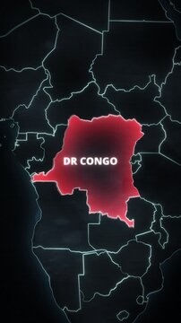 Map animation of the Democratic Republic of the Congo, Africa with a red alert country highlight, formatted for vertical mobile presentations.
