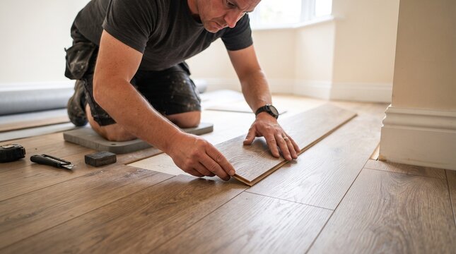 A skilled craftsman meticulously installs a new laminate wood floor, demonstrating precision and dedication in his work.