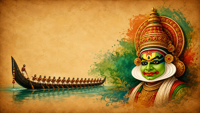 Traditional green kathakali dancer face art beside wooden snake boat racing water sports during happy onam south indian festival in kerala celebration