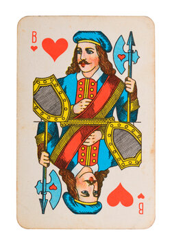  Old vintage Jack of Hearts playing card isolated on white.
