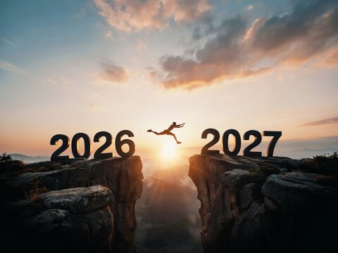 A daring person leaps across a vast canyon gap between two rocky cliffs featuring large numbers representing the transition from year twenty twenty six into twenty twenty seven at sunrise