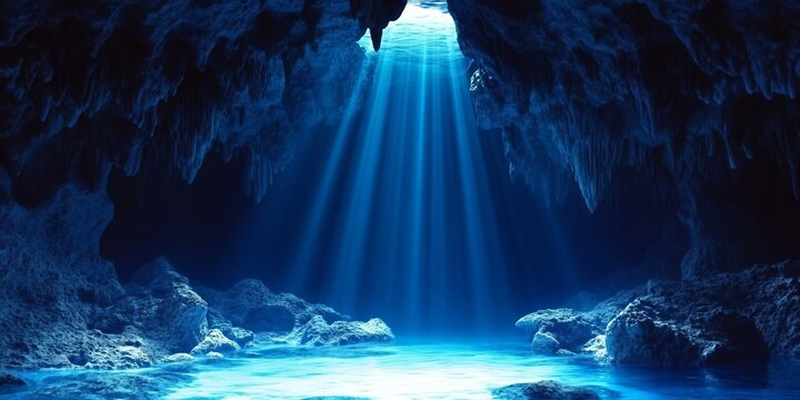Stunning Underwater Cave Entrance With Glowing Light Rays Piercing Through Clear Blue Water Surface