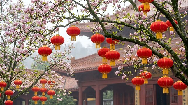 Panoramic view of many red chinese lanterns hanging from magnolia trees against misty background of ancient temple roofs during lunar spring festival time