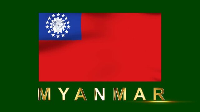 National flag of Myanmar waving on a dark green background with shiny metallic text