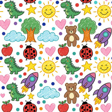 Seamless Kids Crayon Drawing Pattern with Cute Teddy Bear, Dinosaur and Rocket