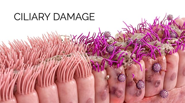 Ciliary damage and respiratory tract epithelium pathological view with respiratory