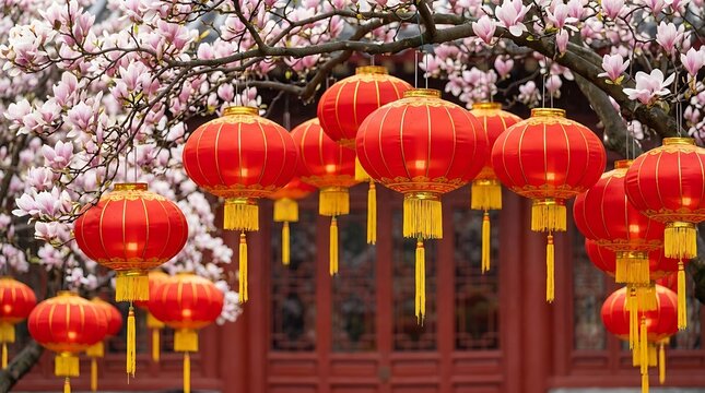 Red chinese lanterns hang from blossoming magnolia trees against traditional temple background creating festive atmosphere for lunar spring festival celebrations