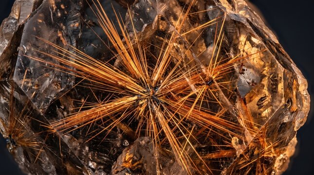 Rutile Titanium Dioxide Needles Radiating Through Quartz like Golden Lightning