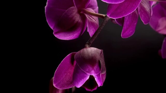 Close-up macro footage of blooming purple orchid flowers against a dark background