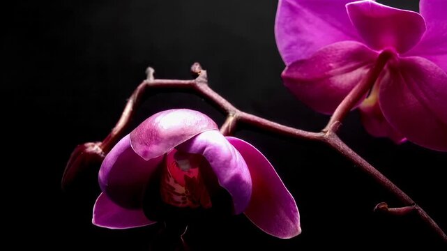 Close-up of a vibrant pink orchid blooming against a dark background